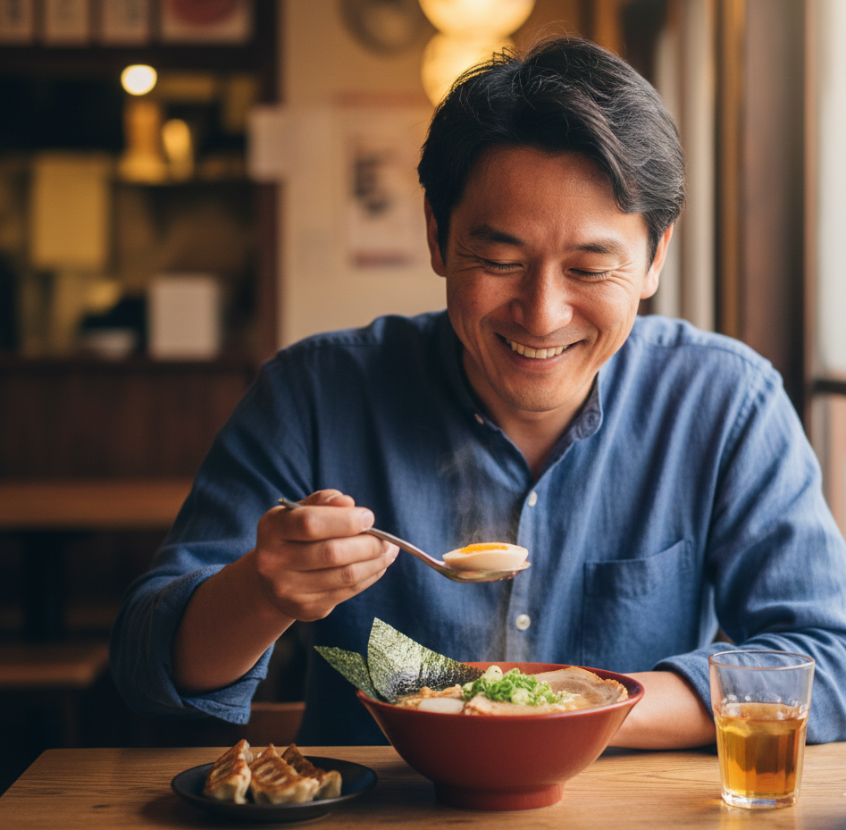 おいしく食べる男性｜つつみ歯科医院