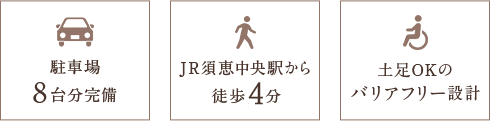 駐車場00台完備 JR須恵中央駅から徒歩2分 土足OKのバリアフリー設計